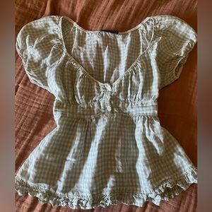 Brandy Melville Green Gingham Babydoll Top